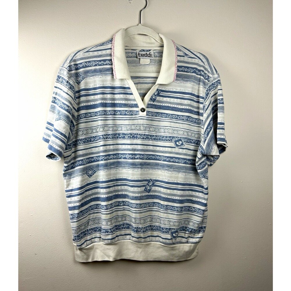 Vintage teddi Women’s L Regular Blue/White Striped Short Sleeve Polo, Knit,